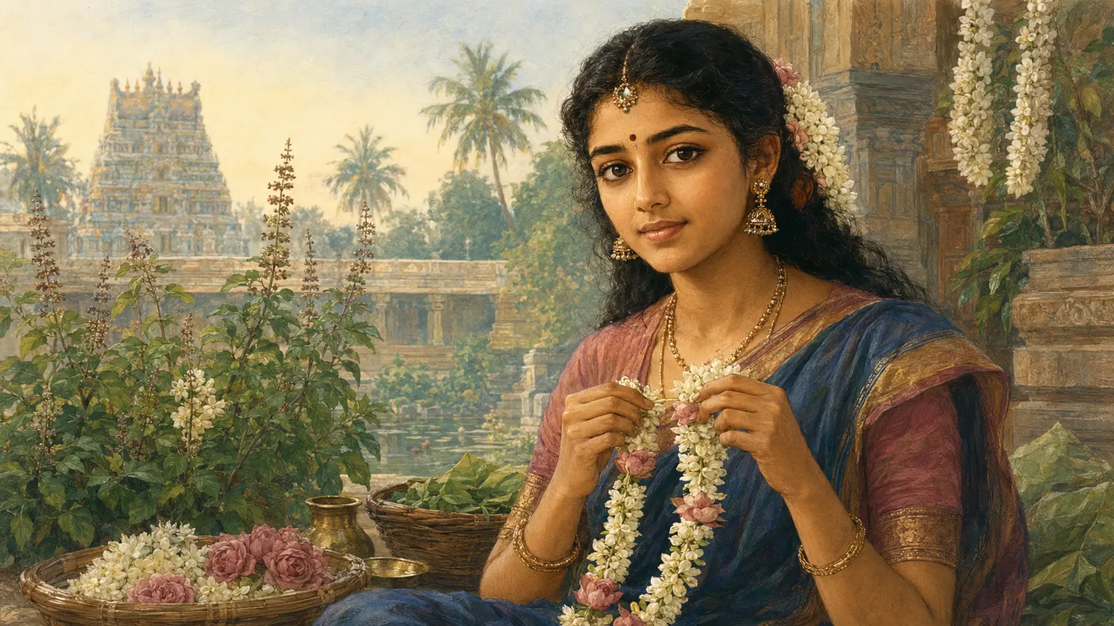 Vedika-created painted interpretation of Andal making a flower garland in a South Indian temple garden