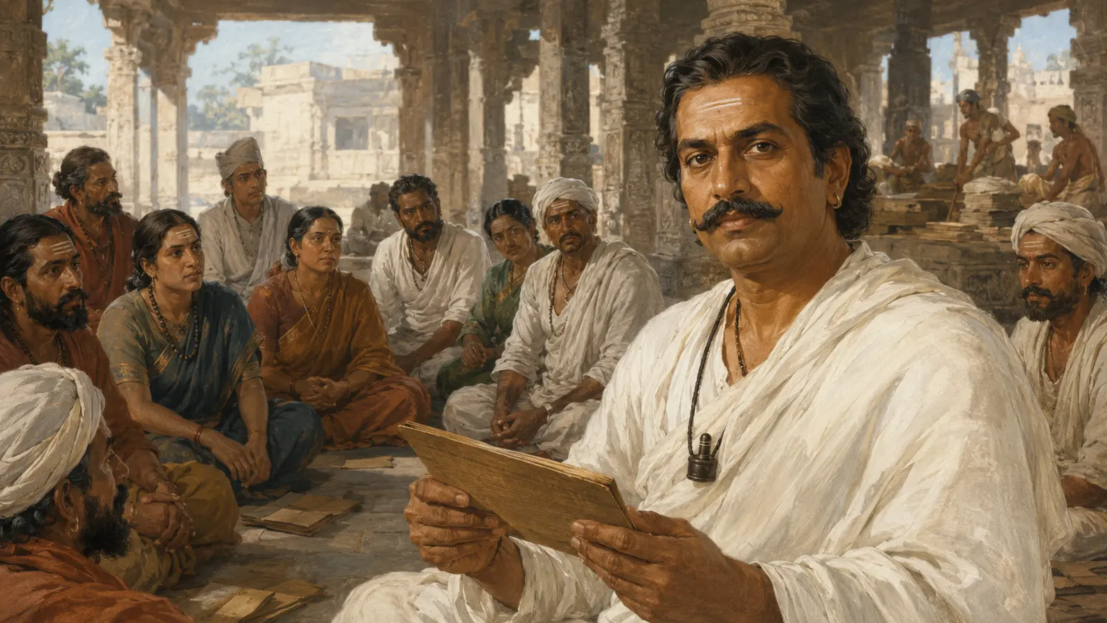 Vedika-created painted interpretation of Basavanna holding a palm-leaf text among an open gathering