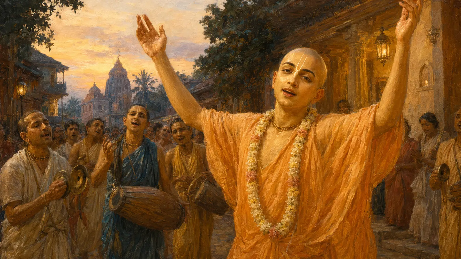 Vedika-created painted interpretation of Chaitanya Mahaprabhu leading congregational kirtan