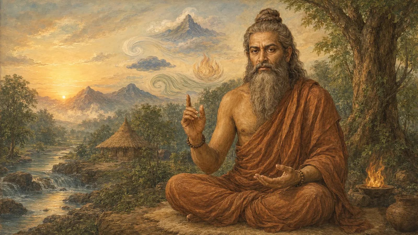 Vedika-created painted interpretation of Kapila teaching in a forest hermitage