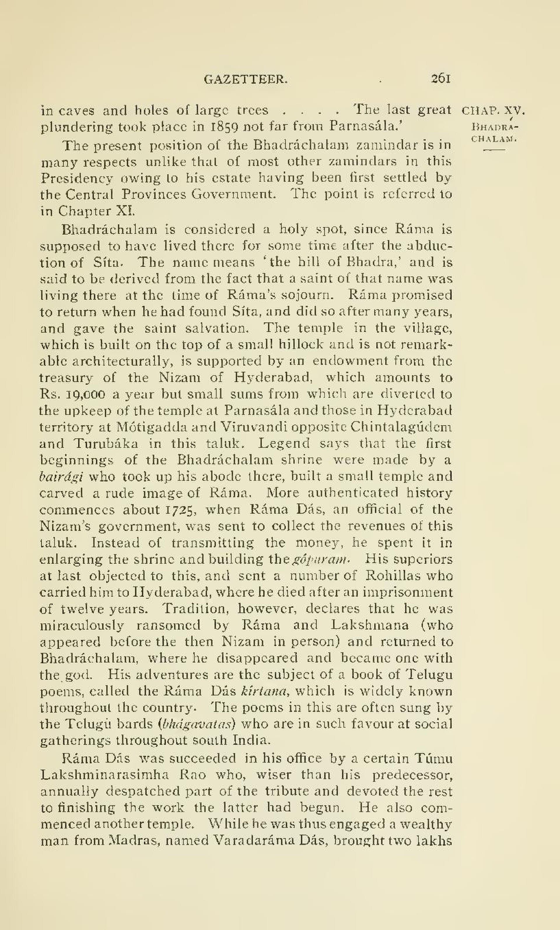 A printed book page headed “Gazetteer” and numbered 261, with a side heading “Chap. XV, Bhadrachalam”, in dense paragraphs describing the Bhadrachalam temple, the Nizam’s endowment and the story of Rama Das.