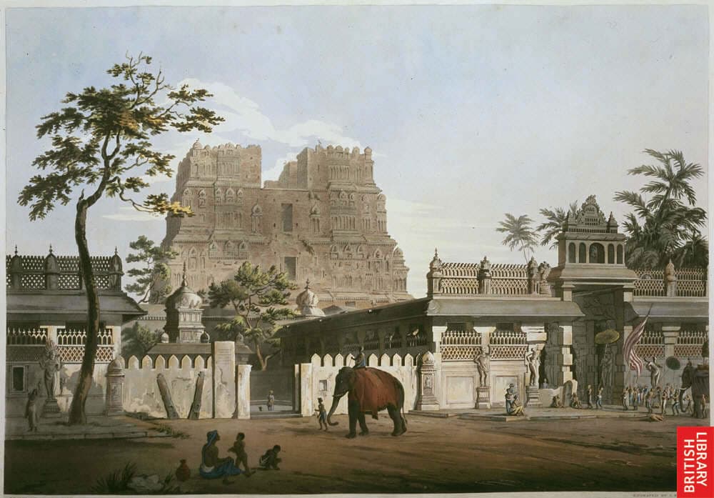 A hand-coloured print of a stone temple tower of stepped tiers rising behind a long enclosure wall with an ornamented gateway pavilion. An elephant with a red cloth and a few figures stand in the open ground in front, beside a tall tree.